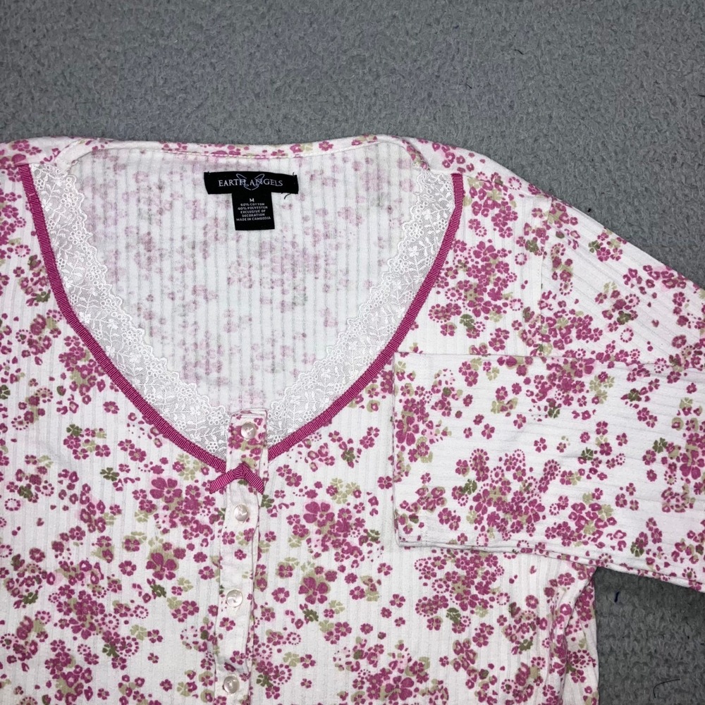 Floral‎ Cardigan M Pink Lace Trim Ribbed Cottagecore Coquette y2k Grandma Fairy